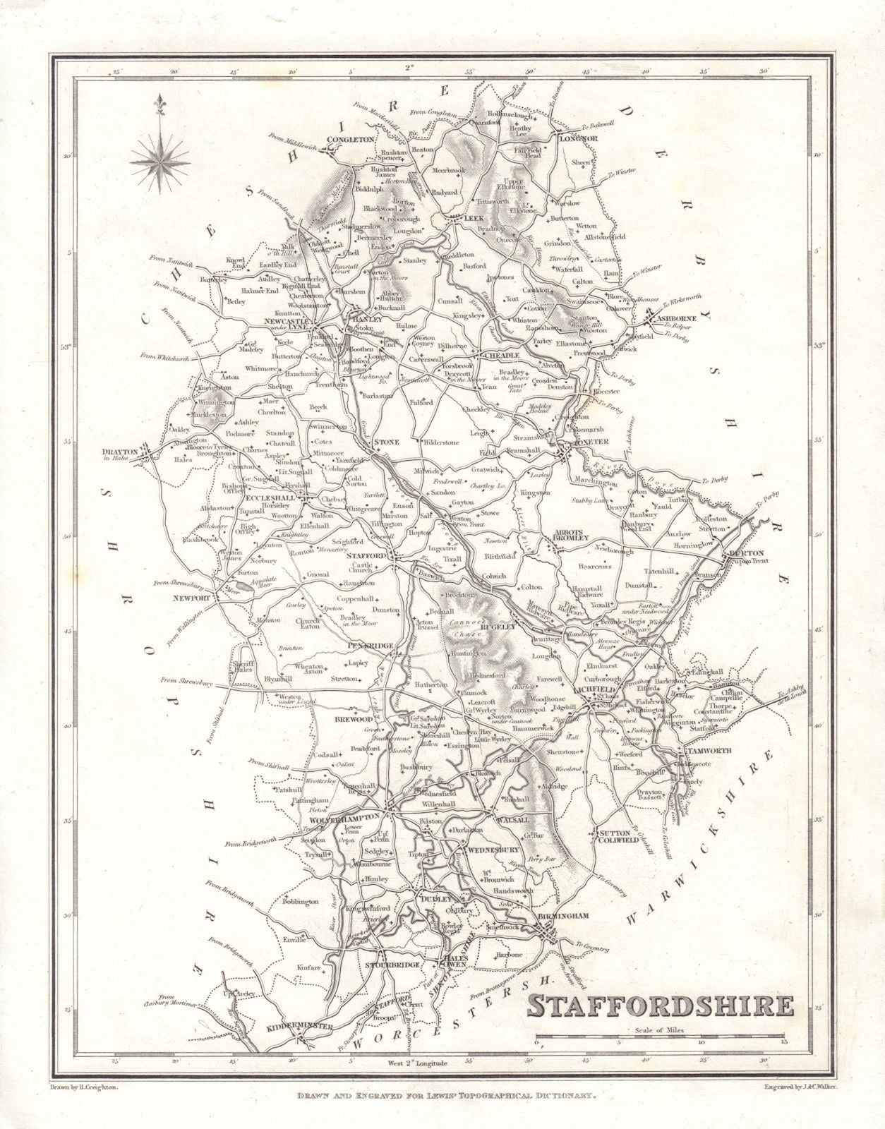 Antique county map of STAFFORDSHIRE by Walker & Creighton for Lewis c1840